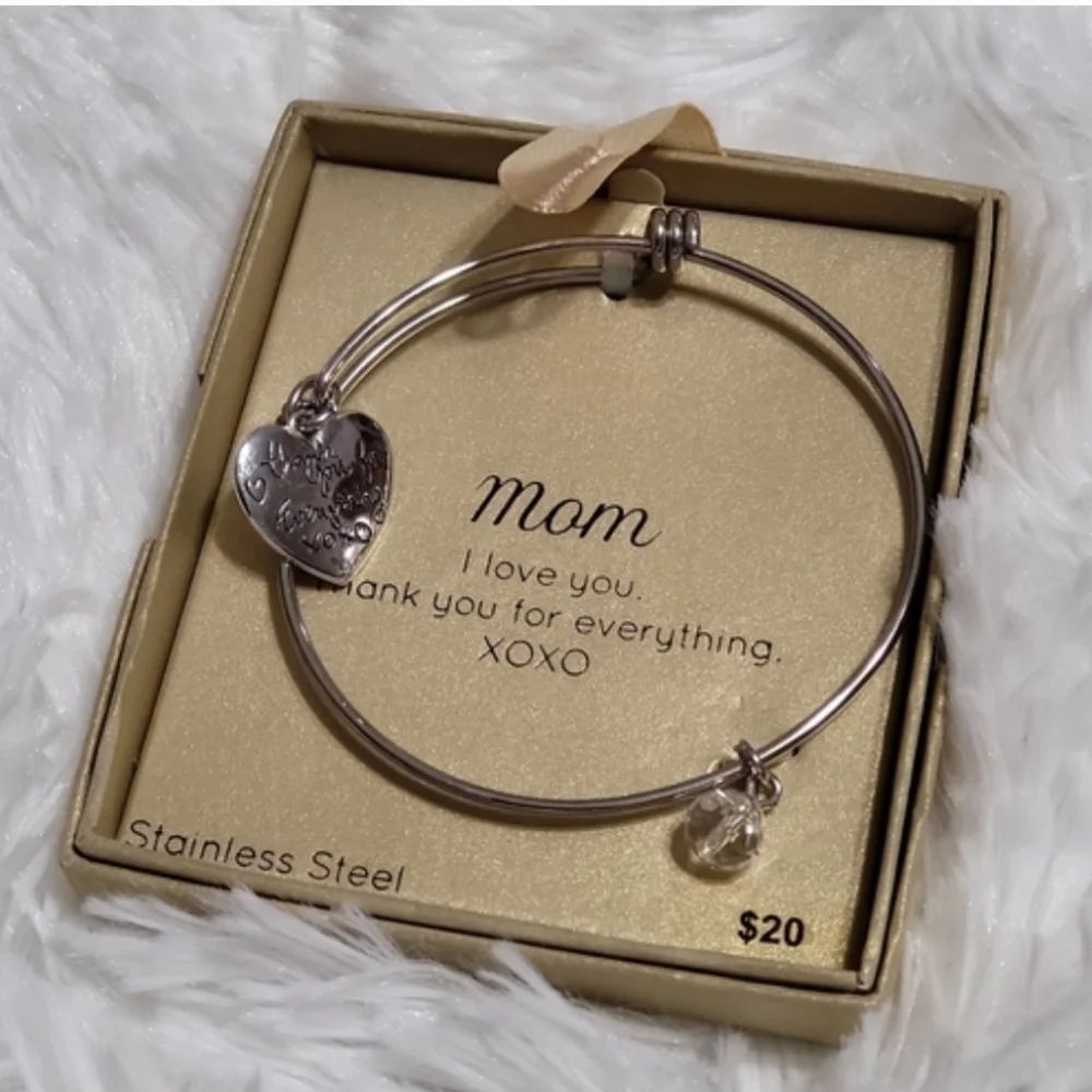 Mom Charm Bracelet I Heart Love Mom Thank You Stainless Steel Silver Gift NWT